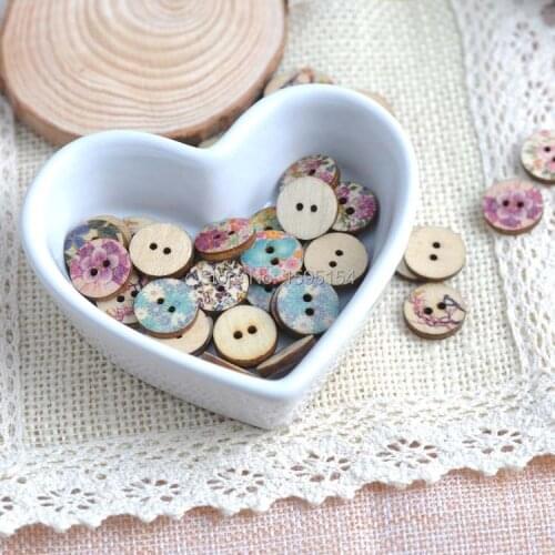 100pcs 15mm 2 Holes Mixed flower painted Cute round decorative Wooden buttons For Sewing Scrapbooking Crafts YF5410-2