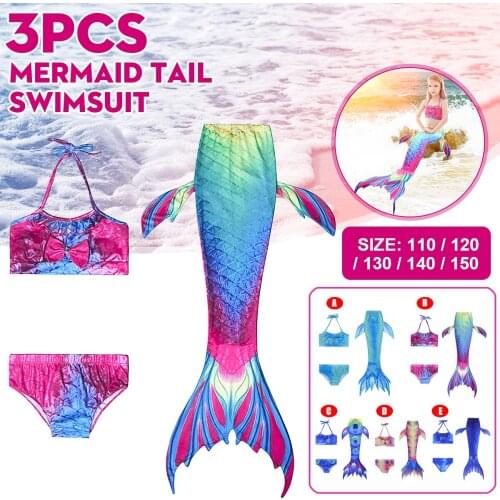 3pcs/Set Mermaid Tail Swimsuit Swimwear Summer Swimpool Swim Beach Kids Girls