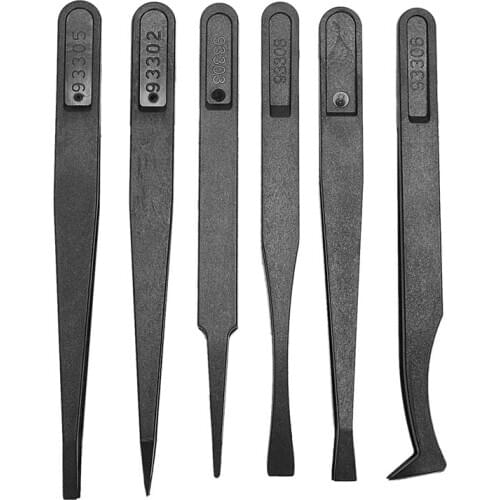 6PCS Precision Tweezer Set Plastic Anti Static Tool Kit Size 1/2/3/5/6/8 each one(Black)