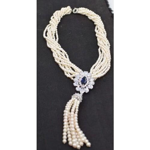 8rows freshwater pearl near round 3-4mm 25inch and necklace wholesale beads nature blue pendant