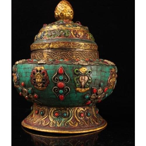 8"Tibet Temple Collection Old Bronze outline in gold mosaic gem color Auspicious Eight Treasure Jar Town House Exorcism