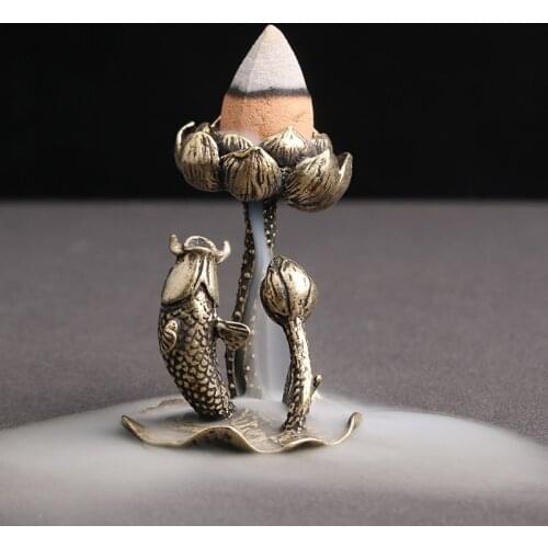 Antique Copper Lotus Flower Goldfish Figurines Miniatures Small Ornament Creative Vintage Brass Censer Home Decor Incense Burner