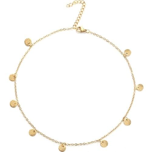 Stainless Steel Thin Chain Tassel Bump Coin Disc Choker for Women Girls Round Disc Pendant Fashion Jewelry