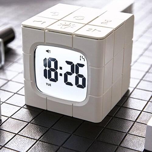 Modern Cube Digital Alarm Clock 5V LED Light Mini Luminous Desktop Snooze Alarm Clock Dual Displays Time Date Week for Kids Home