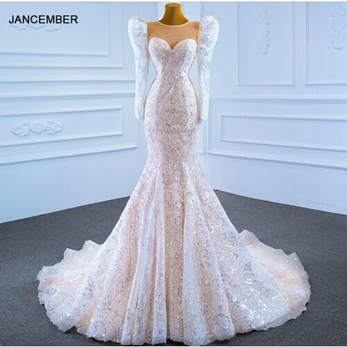 J67229 Meimaid Wedding Dress 2021 Appliques Sequined Pearls Sweetheart Long Sleeve Lace Up Back Beading