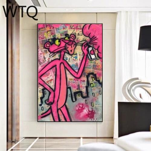 Canvas Painting Colourful Street Graffiti Pink Panther Poster and Printed Wall Art for Living Room Decor Canvas Art Surprise Box