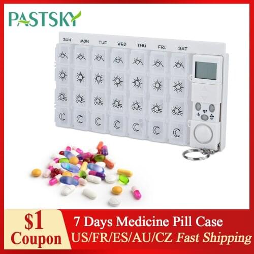 Weekly 7 Days Pill Box LED Timer Reminder 28 Compartments Pill Organizer Plastic Medicine Storage Dispenser Cutter Drug Cases
