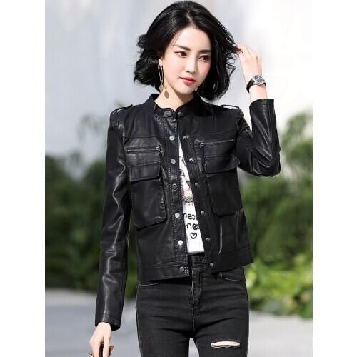 Black Faux Jacket Women Spring Autumn Korean Biker Leather Coat Short Abrigo Mujer Pph566