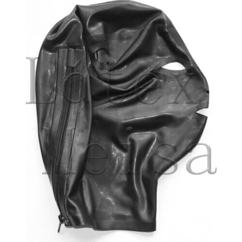 Zentai Latex hoods open hair holes in black color with back zip for adults