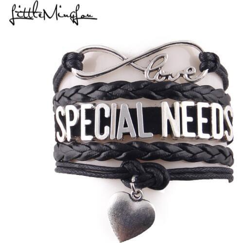 Little Minglou 4 colors Special needs bracelet ribbon charm Awareness leather wrap men bracelets & bangles for women jewelry