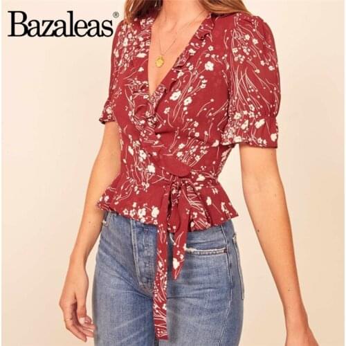 Bazaleas Fashion Wrap blusas mujer de moda 2019 Chic Red Floral Print blouse women Vintage Short Sleeve Sashes Blouse