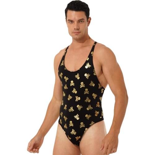 Fashion Print Bodysuit Underwear Men Round Neck Sleeveless Sexy Jumpsuit High Cut Thongs One-piece Leatord Swimsuit Nightwear