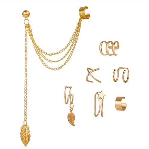 Ear Cuff Earring Set for Women Girl Korean Fashion Boho Edgy Leaf Tassel No Pierced Ear Clip On Earrings for Girls Jewelry Gifts