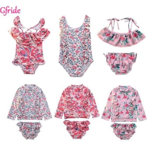 2021 New Girls Quick Dry Swimsuit Long-Sleeve Flower Sunscreen Childrens Suit Hot Spring Swimming Pool Entertainment Clothing