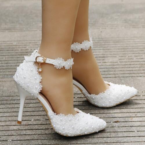 New pumps women shoes ankle strap rhinestone high heels shoes women wedding shoes lace flowers high heel stiletto pumps shoes