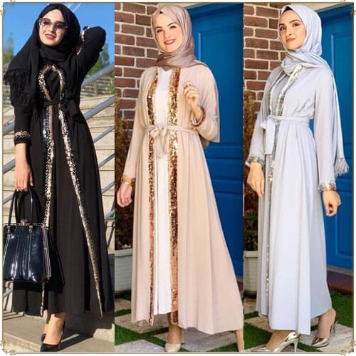 Turkey Open Abayas for Women Muslim Dress Caftan Sequin European American Clothing Dubai Long Robe Lace-up Big Swing Hijab Abaya