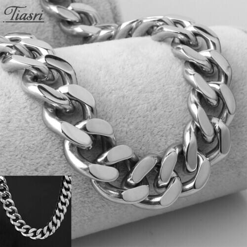 Tiasri 15mm Silver Color Cuban Chain Link Man Necklace Bracelet Heavy Stainless Steel Choker Friend Gift Punk Style Jewelry