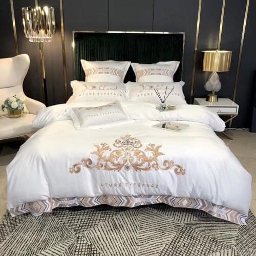 Luxury Europe Palace Style Gold Embroidery Bedding Set Satin Silk Cotton Double Duvet Cover Bed Linen Pillowcases Home Textile