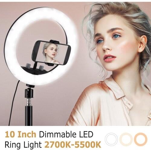 10 Inch LED Ring Light Photography Lamp 2700K-5500K Dimmable 10W 5V USB Powered with Desktop Light Stand Phone Holder Ballhead