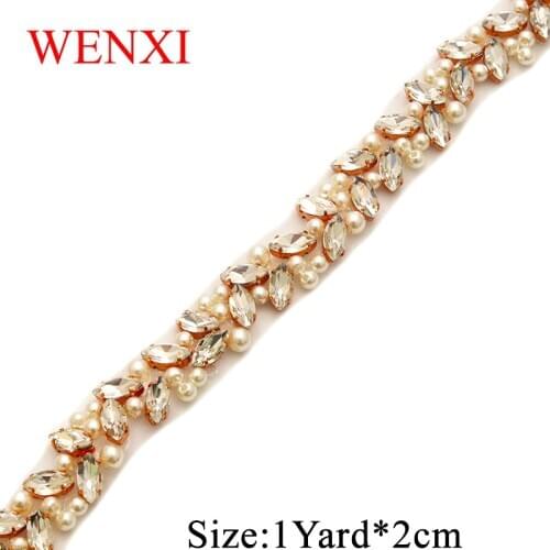 WENXI 5YARDS Hand Beaded Sewing on Bridal diamond Clear Crystal Rhinestone Applique Trim Iron On For bridal Dress Sash WX879