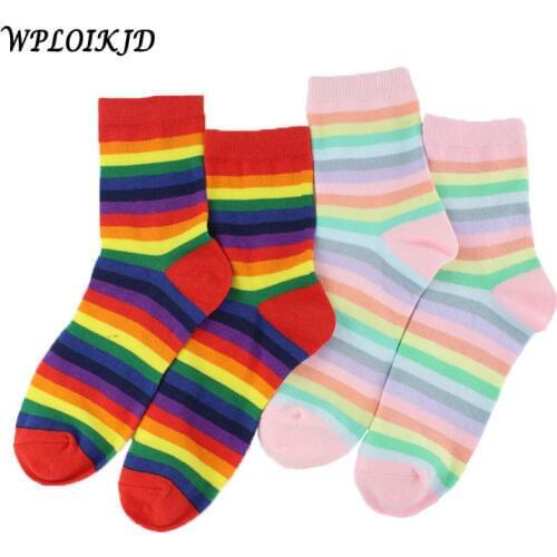 [WPLOIKJD]New Cotton Rainbow Striped Happy Funny Short Socks Women Cool Harajuku Female Fashion Colored Streetwear Women Socks