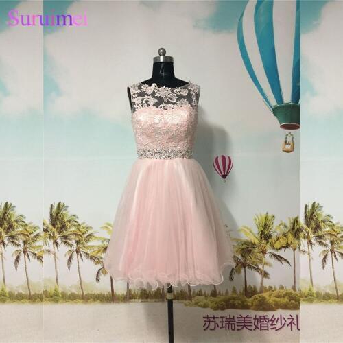 Pearl Pink Short Prom Dresses High Neck Tulle Applique Beaded Sash Key Hole Back Blush Pink Prom Gown