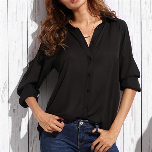 YYFS 2019 New Women Black Chiffon Blouse Button Off Shoulder Solid Long-Sleeved Women Chiffon Blouse Long Sleeve Shirt Plus Size