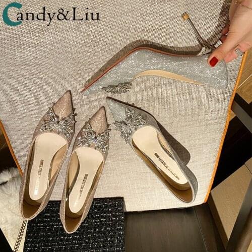 Women Pumps Pointed High Heels Womens Stiletto Heels 21 New Wedding Bridal Bridesmaid Shoes Size Sequins Stone Butterfly