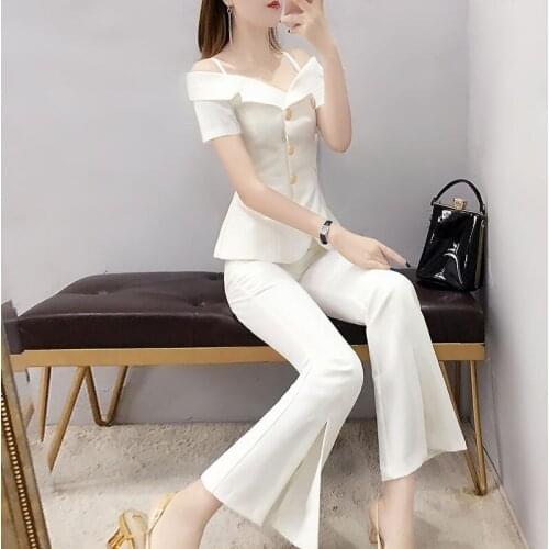 2020 Summer Women Off Shoulder Chiffon Blouse Tops + Fashion Solid Wide Legs Pant 2 Piece Set Female Two Piece Suit Outfits B55