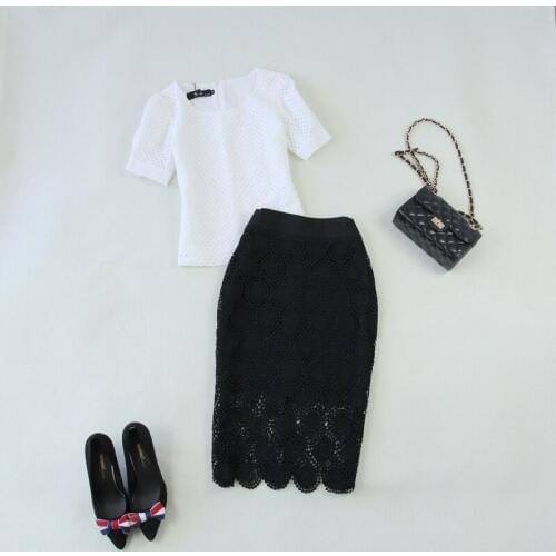 2 piece outfits for women summer new fashion suit lace white hollow small shirt + lace bag hip pencil skirt two-piece suit