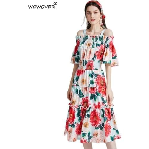 Runway Fashion Summer Off The Shoulder Floral Print Midi Dress for Women Holiday Robe Femme Designers Strap Party Vestidos