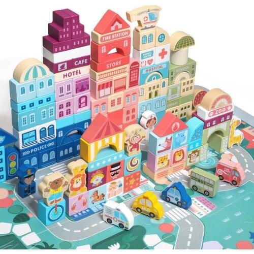 120Pcs Wooden City Traffic Scenes Building Blocks Game For Kids Early Educational Colour Geometric Shape Assembled Children Toys