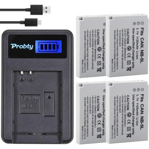 4Pcs NB-5L NB 5L Battery + USB LCD Charger for Canon PowerShot SD790IS SD850IS SD870IS SD880IS SD890IS SD970IS SD990IS SX200IS