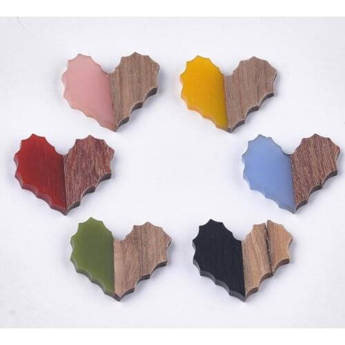 50Pcs Handmade Vintage Natural Wood with Resin Cabochon Charm Bead without Hole Design Heart Shape for Earring Jewelry Findings