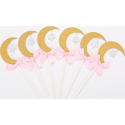 6pcs/lot Glitter Gold Star Moon Cake Topper Moon Theme Party Supplies Girls Birthday Cake Decorating Tools