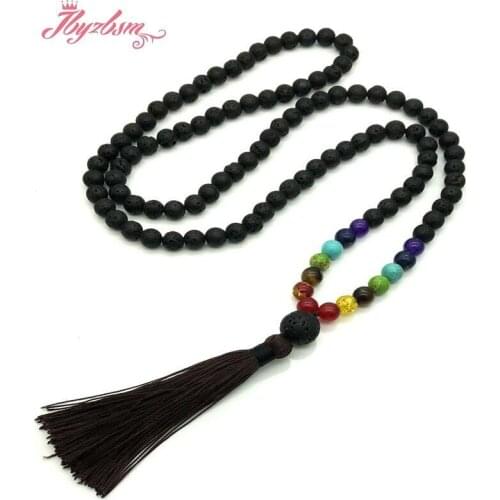 8mm Round Lava Necklace For Women Chakra Volcanic Stone Beaded Necklace Meditation Healing Tassel Jewelry Necklace Gift 40cm