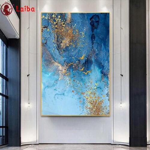 Diamond Painting Abstract art, golden blue flying bird 5d Diamond Embroidery Full Display Diamond Mosaic Cross Stitch Decoration