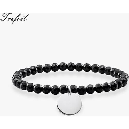 Bracelet Beaded ID with Onyx Beads Silver Disc, 2018 Pulseras 925 Sterling Silver Fashion Jewelry Trendy Gift for Women Girls