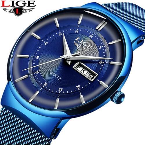 2021 New Blue Quartz Clock LIGE Mens Watches Top Brand Luxury Watch For Men Simple All Steel Waterproof Wrist Watch Reloj Hombre