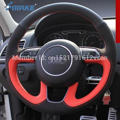 For Audi Q3 High Quality Hand-stitched Anti-Slip Red Black Leather Black Suede Red Thread DIY Steering Wheel Cover