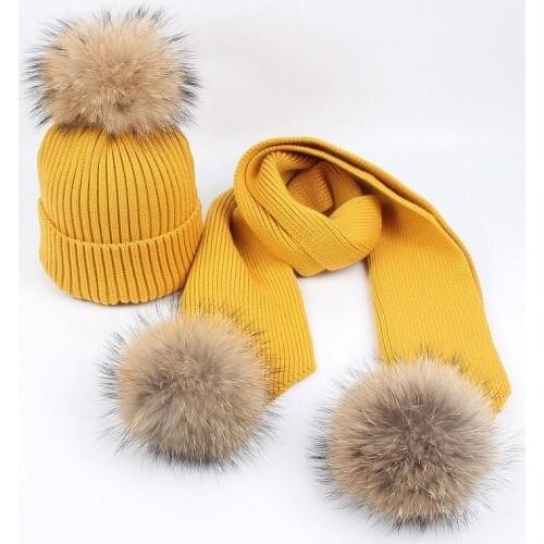 Doitbest Parent-child caps 15 cm Real racoon fur pom pom Child Knitted fur hats winter knit 2 pcs boy girl scarf hat