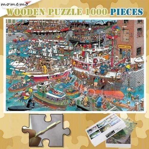 Pure Wooden Puzzle 300 500 1000 Pieces Cartoon Anime Painting Jigsaw Picture Puzzle Crowded Ports Puzzles Games for Adults Kids
