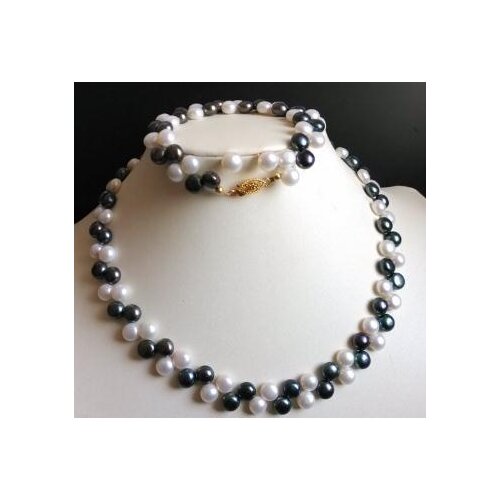 Birthday Jewelry Set 17/7.5 inch 7-8mm White Black Color Freshwater Pearl Necklace Bracelet Earrings