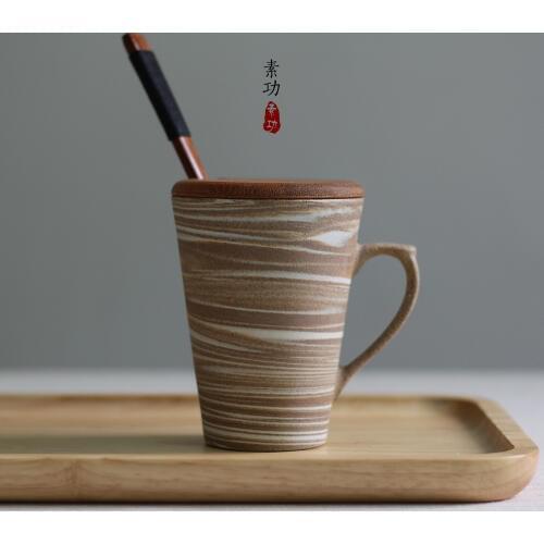 Brief handmade ceramic cup mug with cover and spoon coffee cup personalized gift