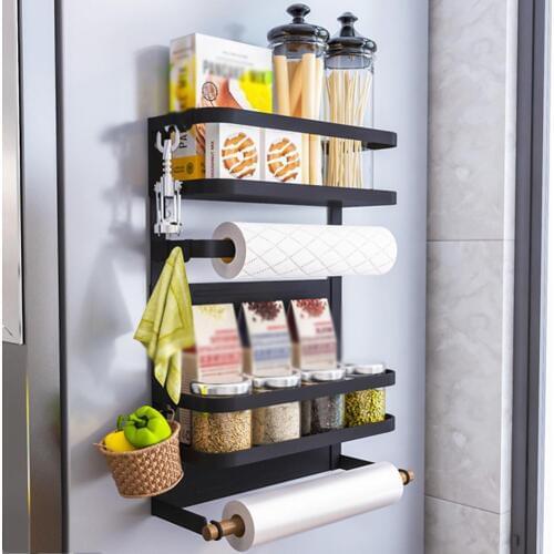 Magnetic Shelf For Paper Towel Holder Fridge Spice Rack Kitchen Heavy-duty Refrigerator Organizer Shelf With 5 Removable Hooks