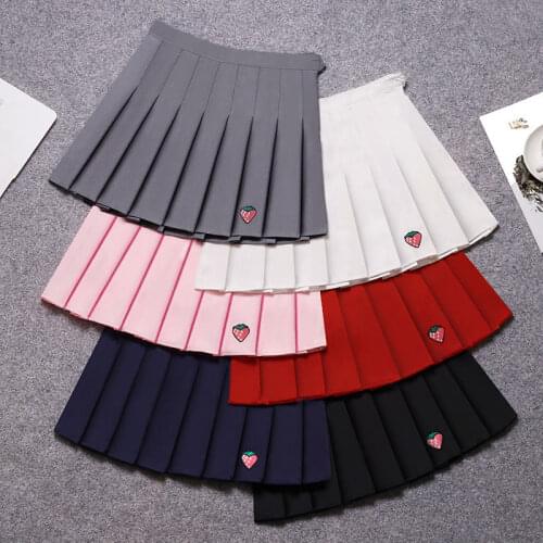 Fashionable Pleated Skirt Female Fairy Summer Student Strawberry Embroidery High Waist Solid Color Mini Harajuku Uniform Skirt