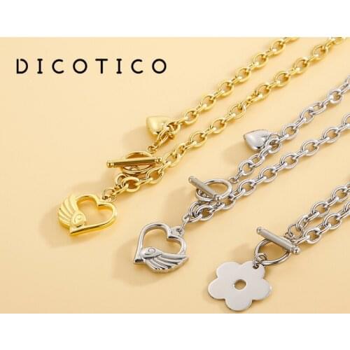 Gold Color Stainless Steel Fashion Korean Pop Flower Mujer Collar Choker Heart Wing Pendant Chain Necklace For Women Jewelry