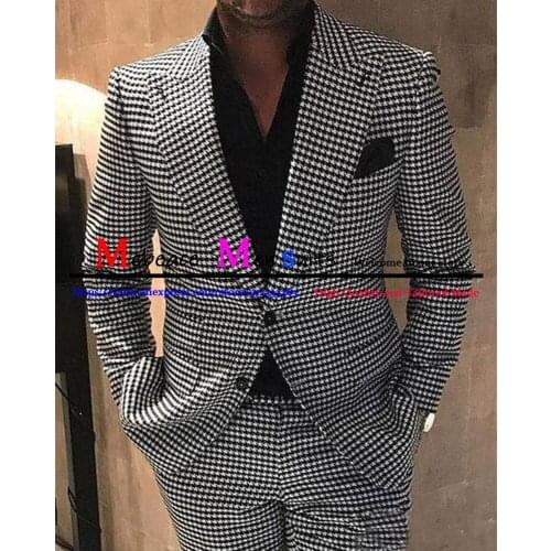 2021 New Mens Houndstooth Suits Formal Notch Lapel Tuxedo For Wedding Prom Blazer Best Man Suits 2 Pieces (Blazer+Pants