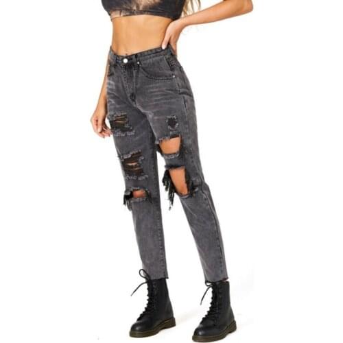 New Womens High Waisted Ripped Big Holes Straight Jeans Womens Casual Denim Pants