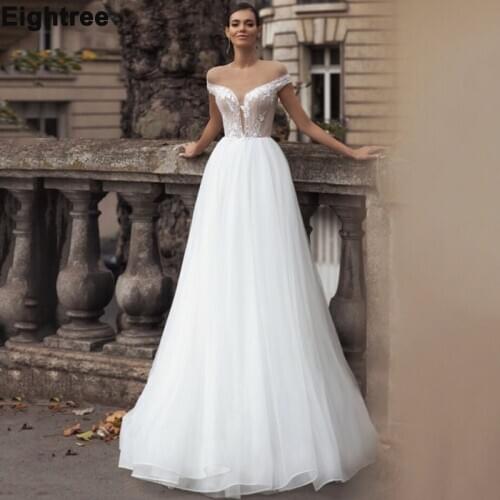 Eightree Elegant Off Shoulder Wedding Dresses 3D Flowers Beadings Bridal Gowns Open Backless Button Bride Dress Vestido de Noiva